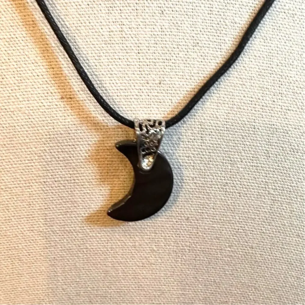 Crescent Moon Necklace Gray Black Cord Boho Casual Jewelry Adjustable